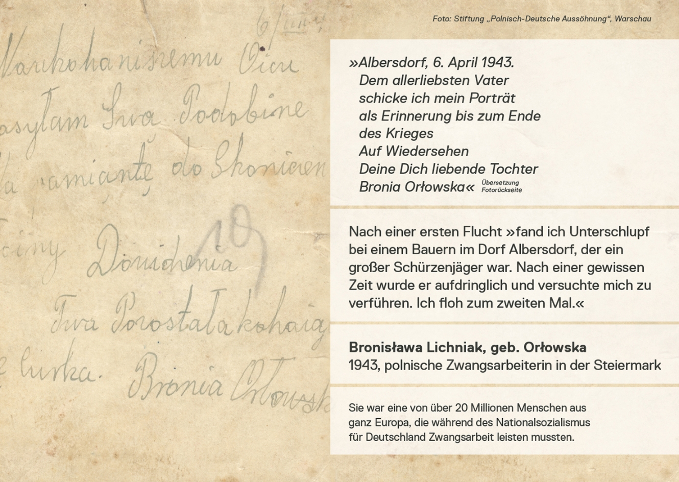 Back of the photo of Bronisława Lichniak (née Orłowska), 1943 in Albersdorf, with the loving dedication to her father and adapted for the Interventions_2024