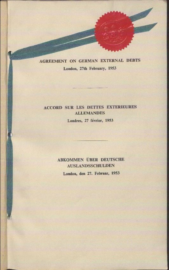 The scan shows the title page of the London Debt Agreement. The document is sealed with a red seal, the title of the document is noted on the cover page in three languages (English, French, German). 