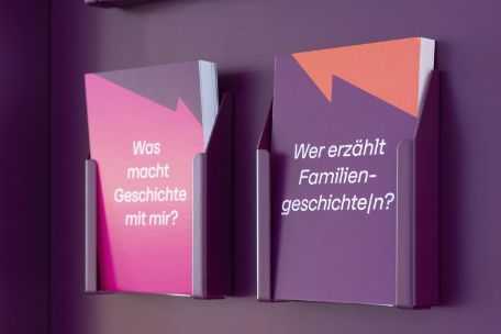Ansicht von Postkarten an einer Wand mit aufegdruckten Fragen